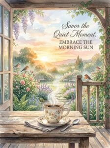 A steaming cup of coffee on a rustic wooden table looking out onto a sunlit garden, perfect for good morning Wednesday blessings.
