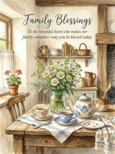 A heartwarming watercolor painting of a cottage kitchen table decorated with wildflowers and a warm tea set.