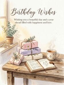 A cozy watercolor illustration of a rustic wooden table with beautifully wrapped pastel gifts next to an open journal and a steaming mug.