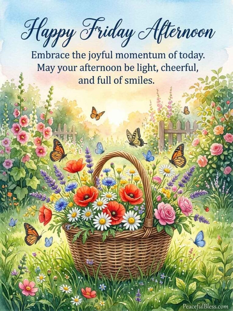 A cheerful watercolor illustration of a wicker basket filled with vibrant wildflowers in a sunny garden under a warm Friday sky.