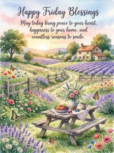 Watercolor landscape of rolling lavender fields and wildflowers with a picnic table and cottage at sunset, reading: Happy Friday Blessings.