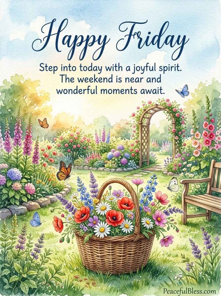 A cheerful watercolor illustration of a wicker basket filled with colorful wildflowers in a sunny garden under a warm morning sky.