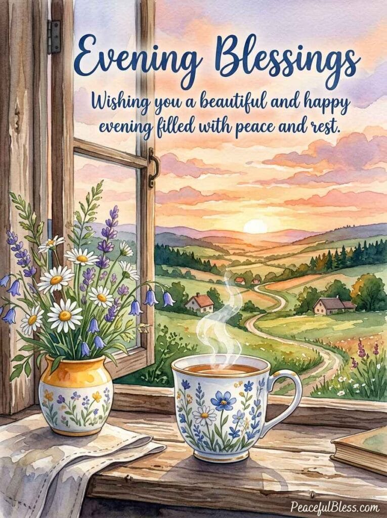 A cozy watercolor illustration of a rustic windowsill looking out at a rolling green hillside as the sun sets, with a steaming mug and wildflowers framing the window.
