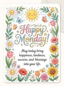 Uplifting quote card with bright sunflowers wishing a happy and blessed Monday