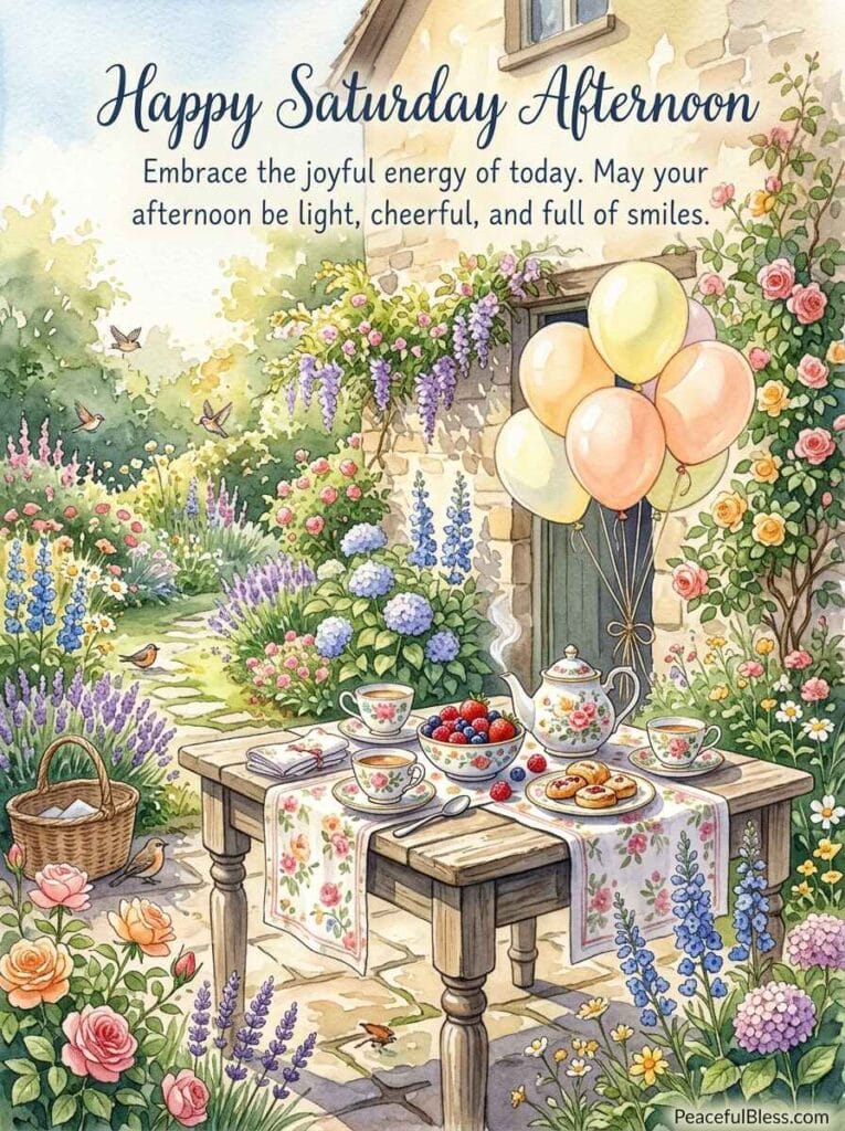 A lighthearted watercolor illustration of a charming cottage garden table on Saturday afternoon, featuring mismated teacups and floating pastel balloons.
