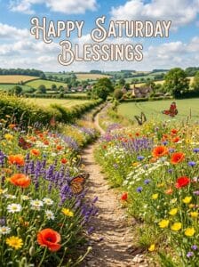 A beautiful winding dirt path leading through vibrant wildflowers and lavender fields with fluttering monarch butterflies under a blue sky, reading: Happy Saturday Blessings.