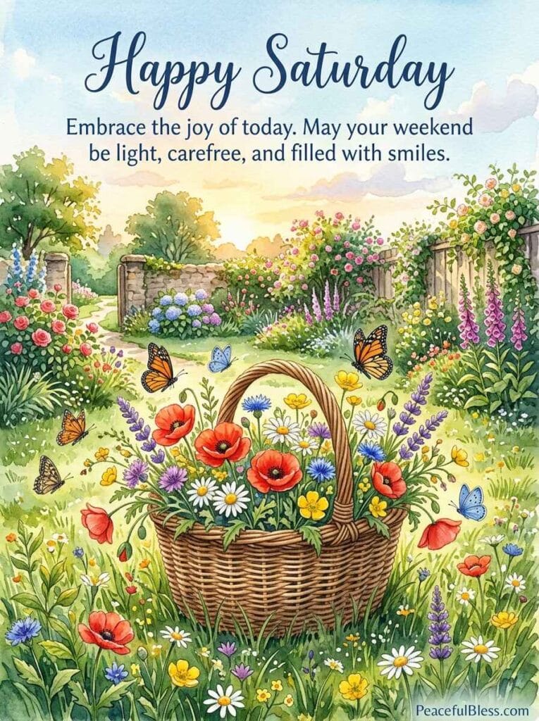 A cheerful watercolor illustration of a wicker basket filled with vibrant wildflowers in a sunny garden under a warm Saturday sky.