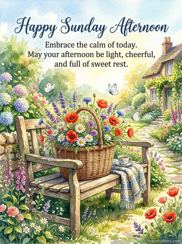 A cheerful watercolor illustration of a wicker basket overflowing with vibrant meadow wildflowers in a sunny Sunday afternoon garden.