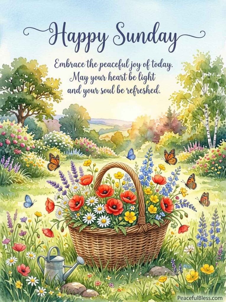 A cheerful watercolor illustration of a wicker basket filled with colorful wildflowers in a sunny garden under a warm Sunday sky.