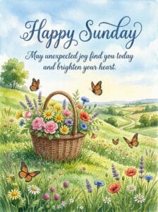 A cheerful watercolor illustration of a wicker basket overflowing with wildflowers on a sunny hill.