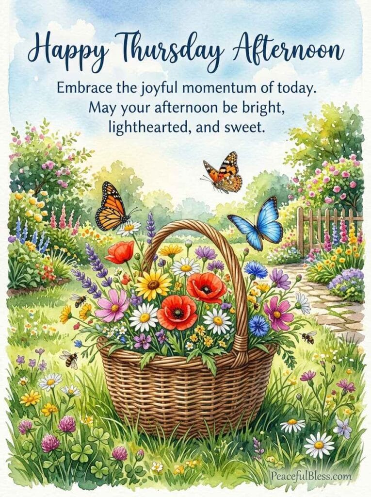 A cheerful watercolor illustration of a wicker basket filled with vibrant wildflowers in a sunny cottage garden on Thursday afternoon.