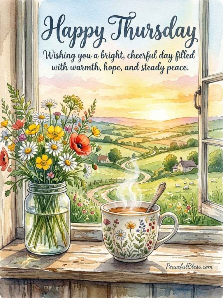 A cozy watercolor illustration of a rustic windowsill looking out at rolling green hills as the sun rises on Thursday morning.