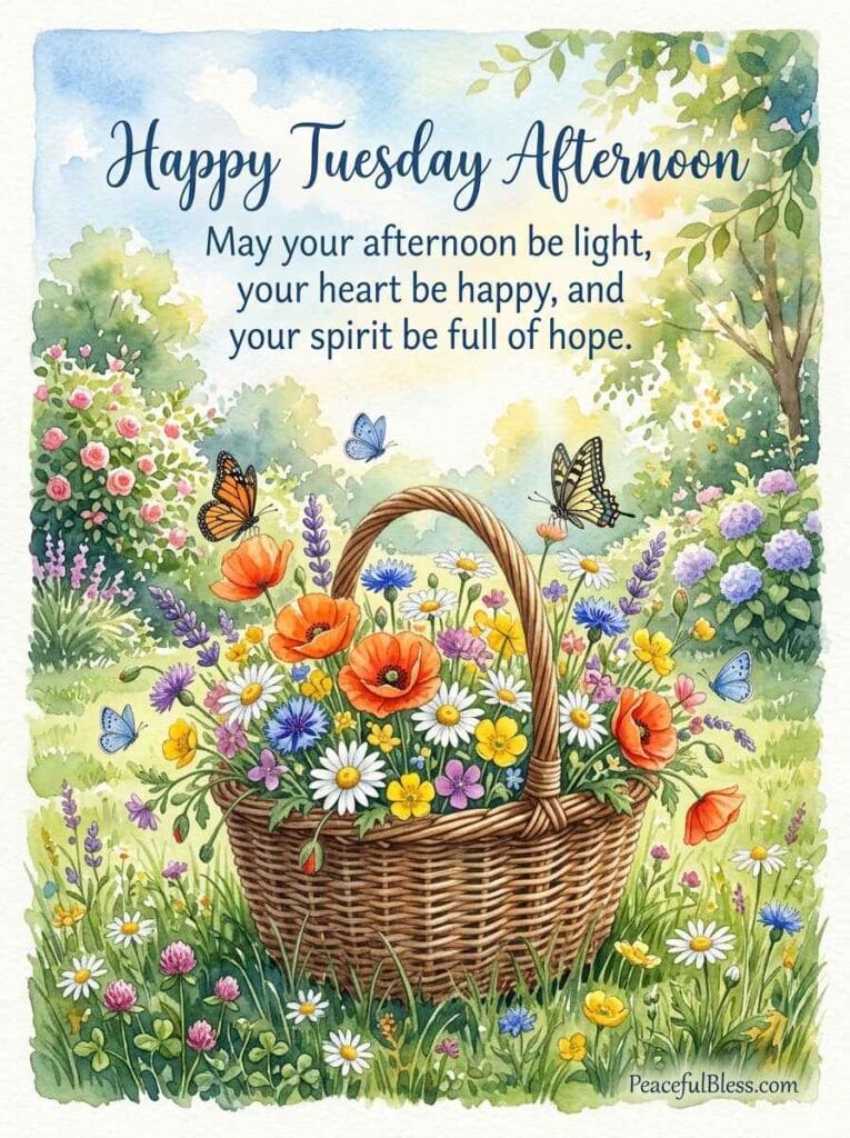 A cheerful watercolor illustration of a wicker basket filled with vibrant wildflowers in a sunny cottage garden on Tuesday afternoon.
