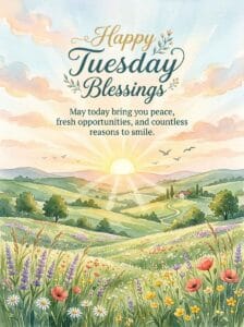 A panoramic watercolor field of wildflowers with a bench facing a golden sunrise for a beautiful Tuesday blessing background.