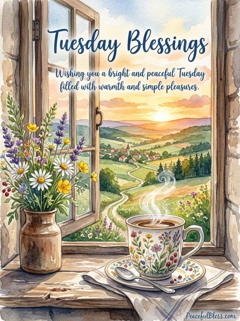 A cozy watercolor illustration of a rustic windowsill looking out at rolling green hills as the sun rises on Tuesday morning.