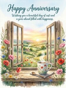 A cozy watercolor illustration of a rustic windowsill at sunrise with a steaming coffee mug and fresh wildflowers framing the window pane.