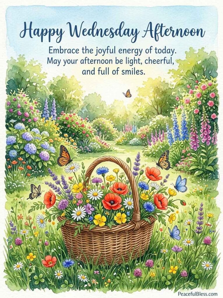 A cheerful watercolor illustration of a wicker basket filled with vibrant wildflowers in a sunny cottage garden on Wednesday afternoon.
