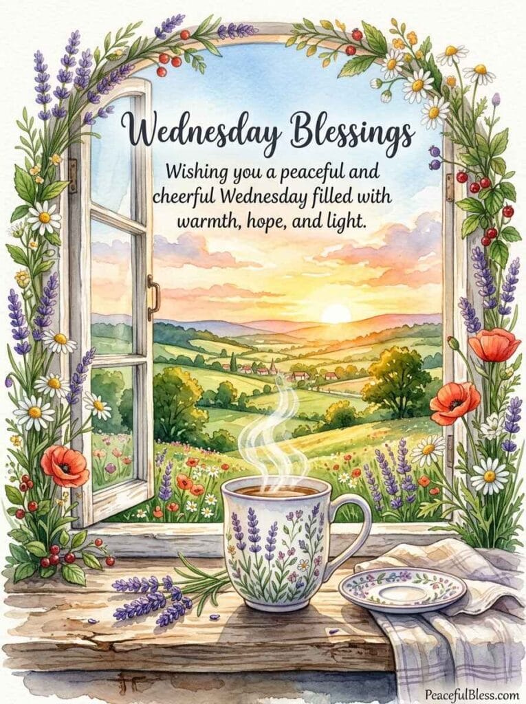 A cozy watercolor illustration of a rustic windowsill looking out at rolling green hills as the sun rises on Wednesday morning.