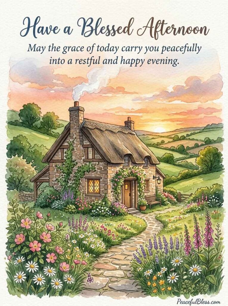 A cozy cottagecore watercolor illustration of a beautiful stone cottage at dusk with smoke curling from the chimney and a warm garden.