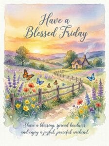 A peaceful cottage landscape filled with butterflies and lavender fields under a warm sunset, with text reading: Have a Blessed Friday.