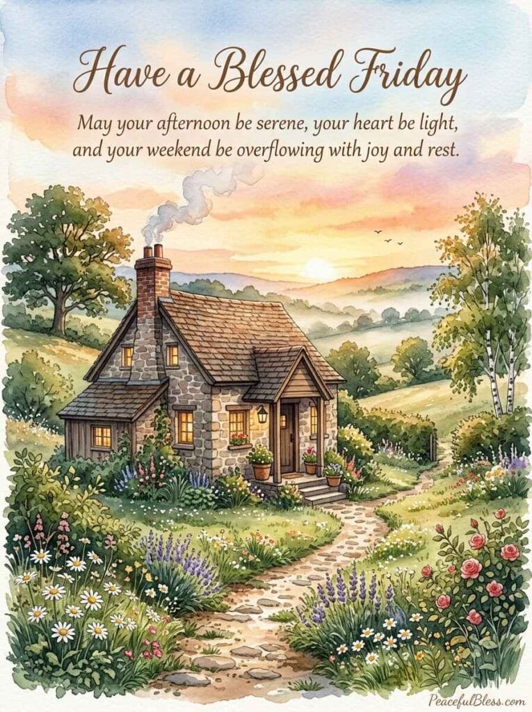 A cozy cottagecore watercolor illustration of a stone cottage at dawn with smoke curling from the chimney and a warm garden path.