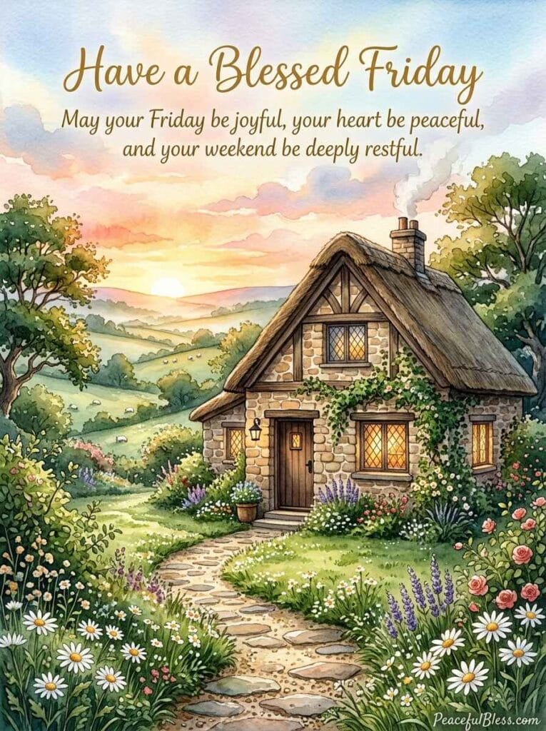 A cozy cottagecore watercolor illustration of a stone cottage at dawn with smoke curling from the chimney and a warm garden path.