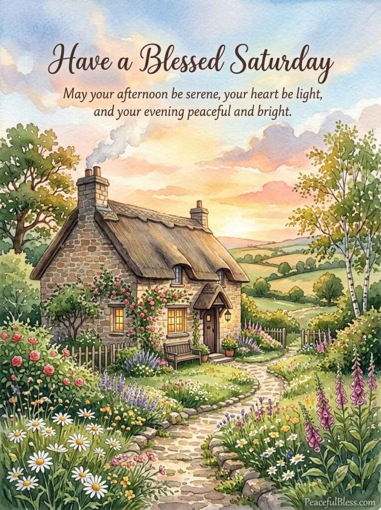 A cozy cottagecore watercolor illustration of a stone cottage at dawn with smoke curling from the chimney and a warm garden.
