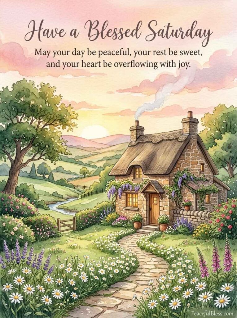 A cozy cottagecore watercolor illustration of a stone cottage at dawn with smoke curling from the chimney and a warm garden path.