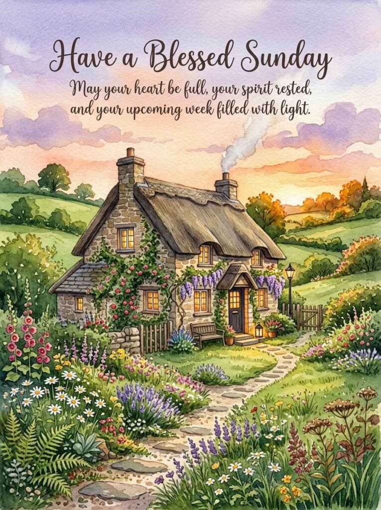 A cozy cottagecore watercolor illustration of a charming stone cottage at dusk with smoke curling from the chimney under a soft sunset sky.
