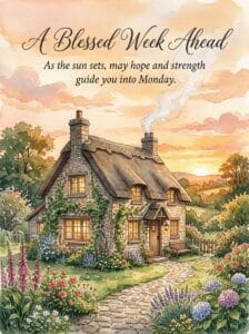 A cozy cottagecore watercolor illustration of a stone cottage with a sunset sky and a closing blessing.