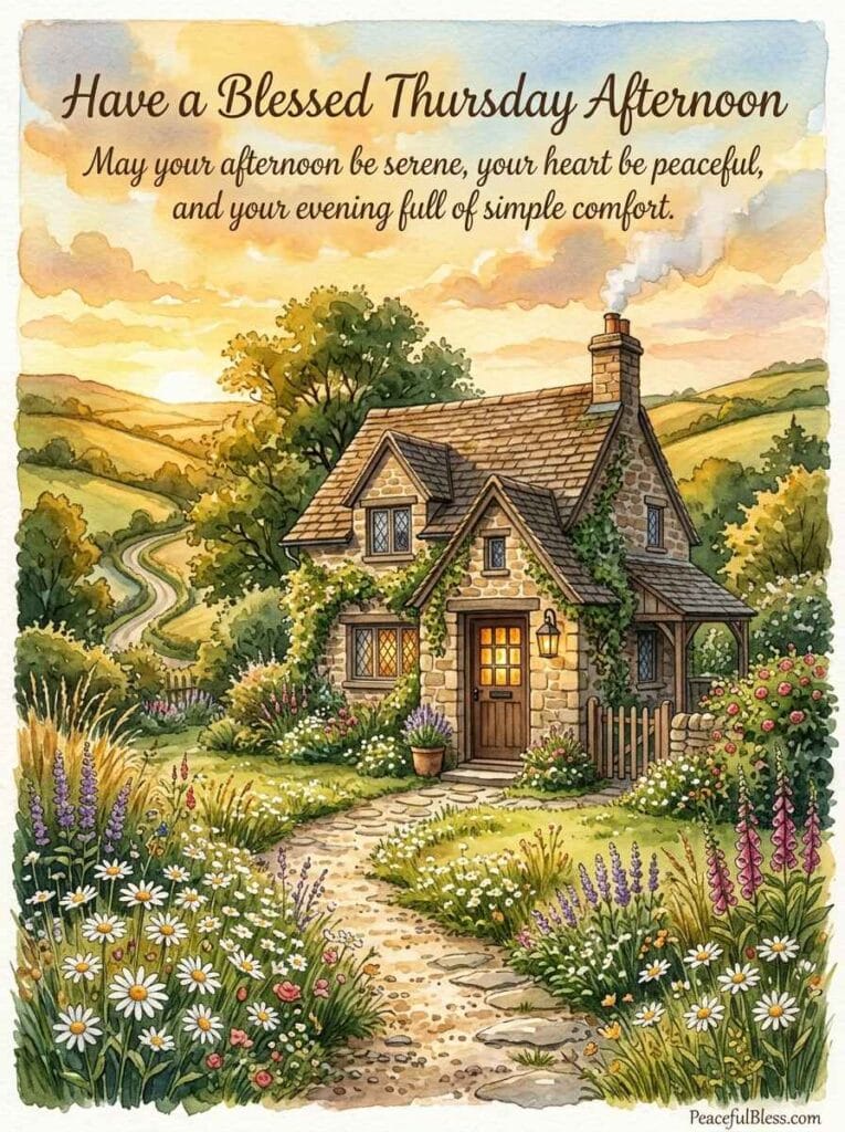 A cozy cottagecore watercolor illustration of a stone cottage in warm late-afternoon light with smoke curling from the chimney.