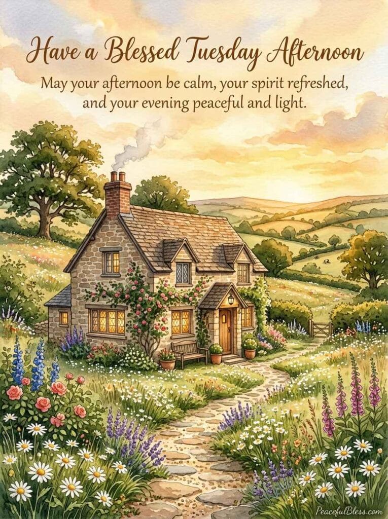 A cozy cottagecore watercolor illustration of a stone cottage in warm late-afternoon light with smoke curling from the chimney.