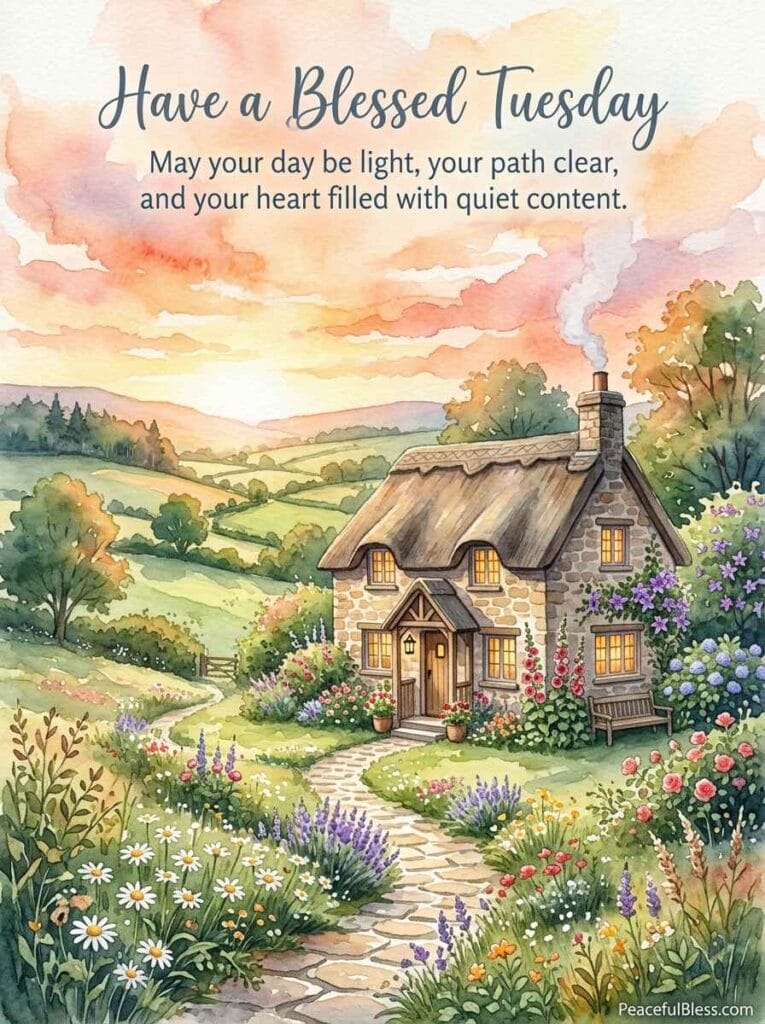 A cozy cottagecore watercolor illustration of a stone cottage at dawn with smoke curling from the chimney and a warm garden path.
