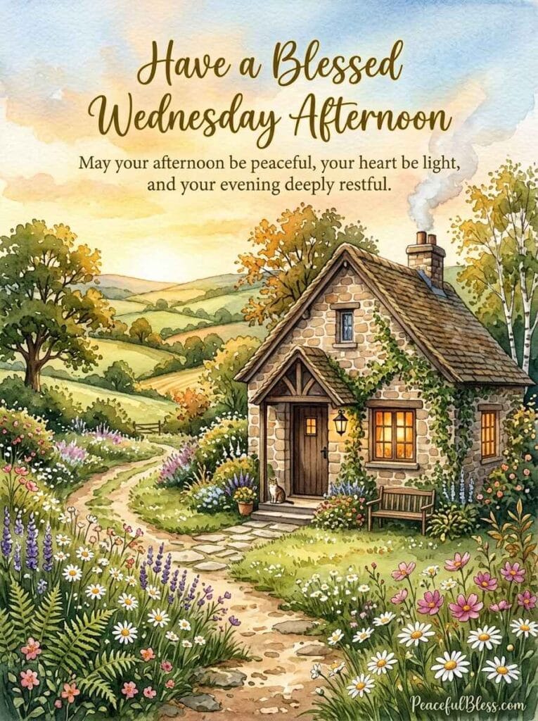A cozy cottagecore watercolor illustration of a stone cottage in warm late-afternoon light with smoke curling from the chimney.