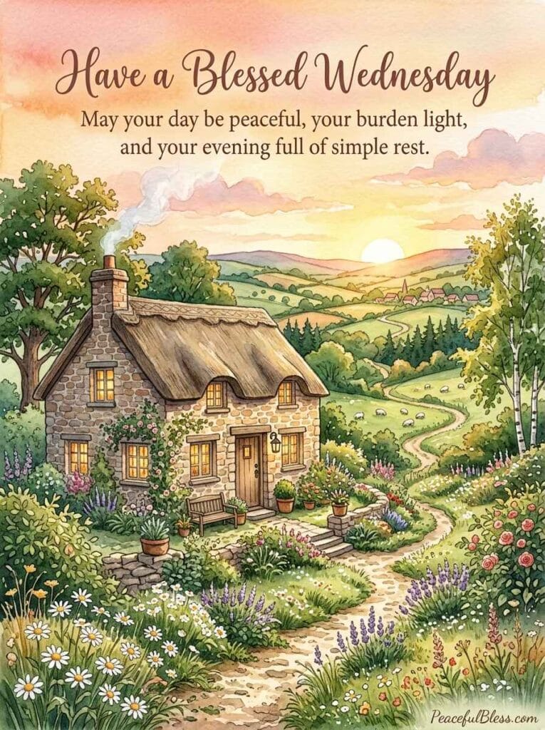 A cozy cottagecore watercolor illustration of a stone cottage at dawn with smoke curling from the chimney and a warm garden path.