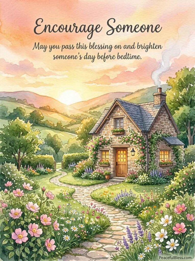 A cozy cottagecore watercolor illustration of a small stone cottage at dusk with a full moon and a warm lit window.