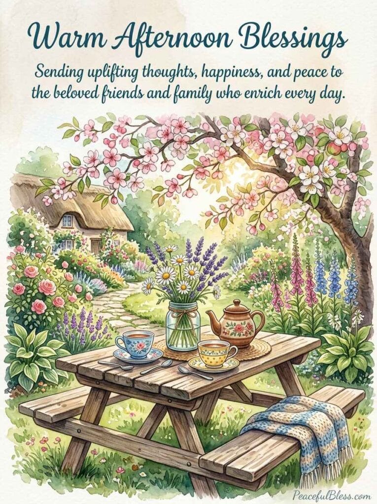 A heartwarming watercolor painting of a garden picnic table set with teacups and wildflowers, representing afternoon connection.