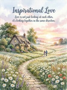 A soothing watercolor image of a peaceful stone pathway winding past a cozy cottage through a field of wildflowers.