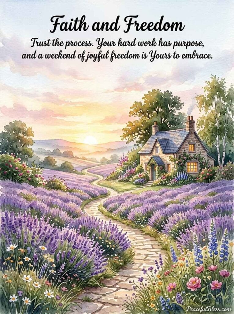 A soothing watercolor image of a peaceful stone pathway leading past a cozy cottage through fields of lavender at sunrise.