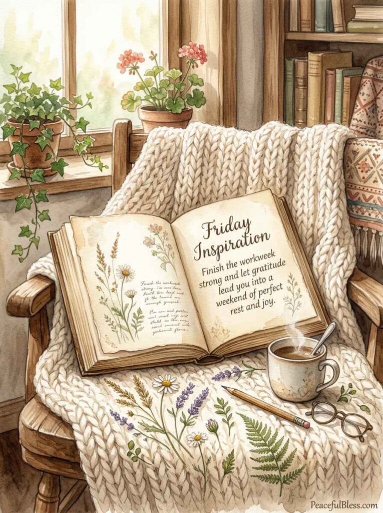 A cozy watercolor reading nook with an open vintage book, a chunky knitted blanket, and delicate pressed flowers.