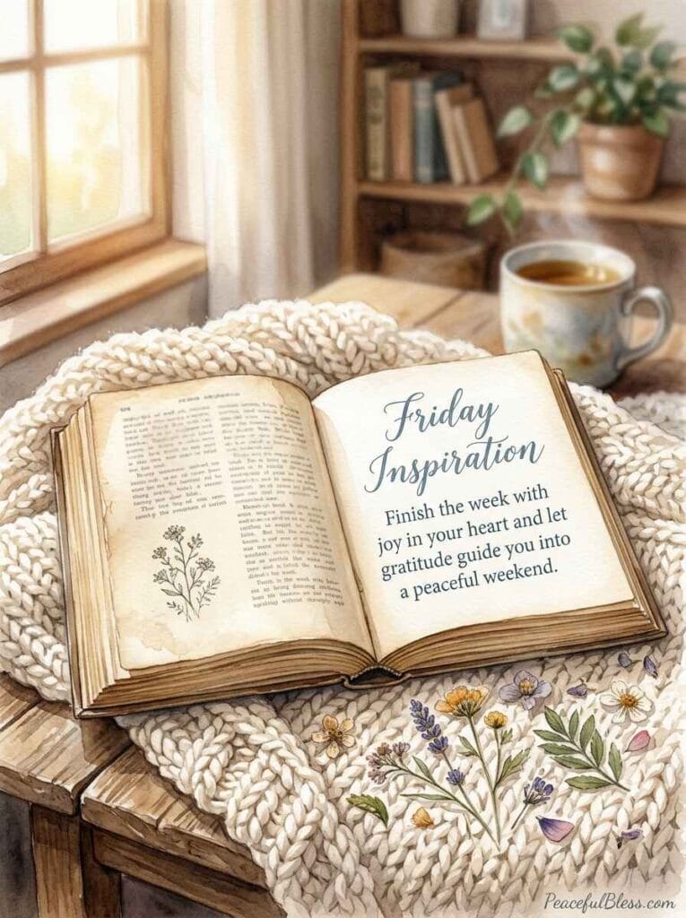 A cozy watercolor reading nook with an open vintage book, a chunky knitted blanket, and delicate pressed flowers.