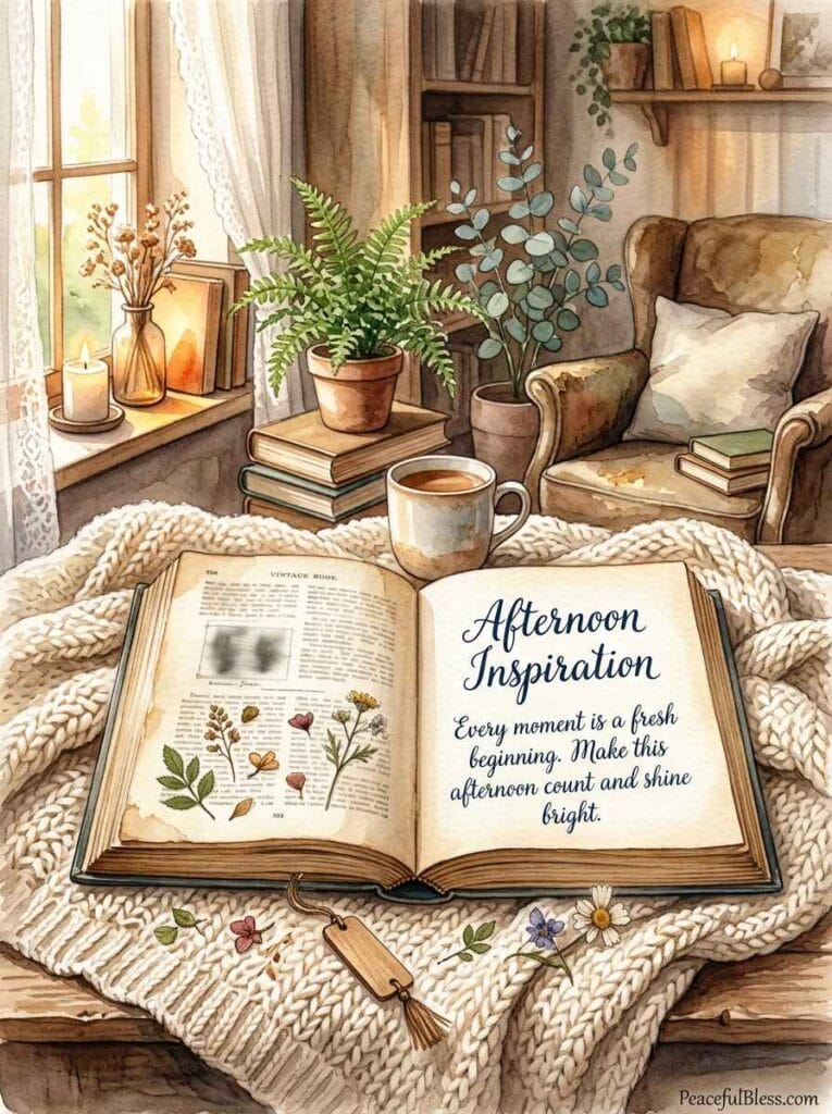 A cozy watercolor reading nook with an open vintage book, a chunky knitted blanket, and delicate pressed flowers.