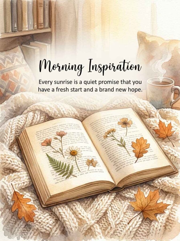 A cozy watercolor reading nook with an open vintage book, a chunky knitted blanket, and falling leaves.