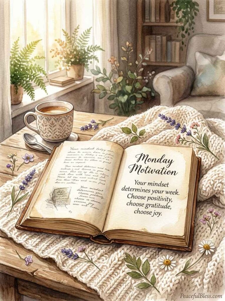 A cozy watercolor reading nook with an open vintage book, a chunky knitted blanket, and falling leaves.