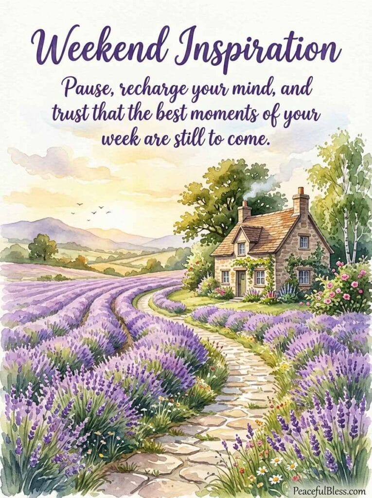 A soothing watercolor image of a peaceful stone pathway leading past a cozy cottage through fields of lavender under warm Saturday afternoon rays.