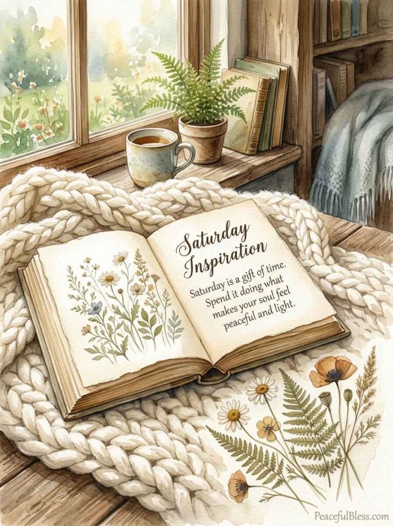 A cozy watercolor reading nook with an open vintage book, a chunky knitted blanket, and delicate pressed flowers.