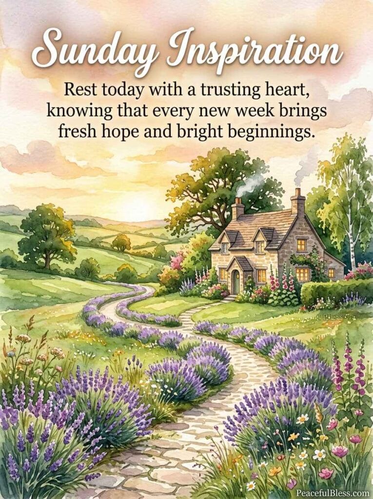 A soothing watercolor image of a stone pathway leading through lavender fields toward a cozy cottage under a golden Sunday afternoon sky.