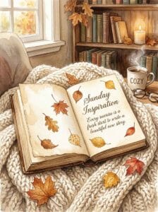 A cozy watercolor backdrop of an open book with leaves and script text of an inspirational quote.