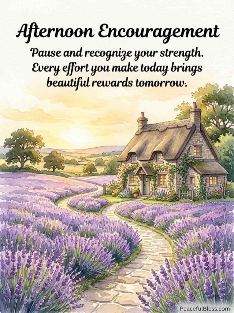 A soothing watercolor image of a peaceful stone pathway leading past a cozy cottage through fields of lavender under warm afternoon rays.
