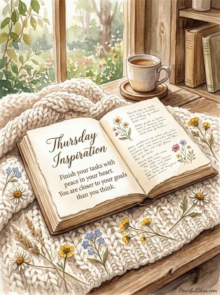 A cozy watercolor reading nook with an open vintage book, a chunky knitted blanket, and delicate pressed flowers in afternoon light.